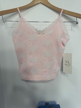 Pink Lace-Trim Bow Tank Top size L new